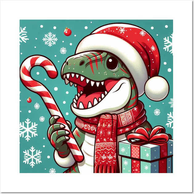 T-Rex with candy cane Wall Art by Sketchy